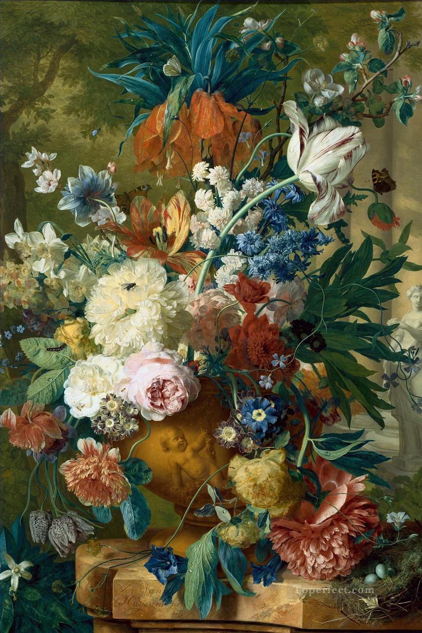 Flowers in a Vase with Crown Imperial and Apple Blossom at the Top and a Statue Jan van Huysum Oil Paintings